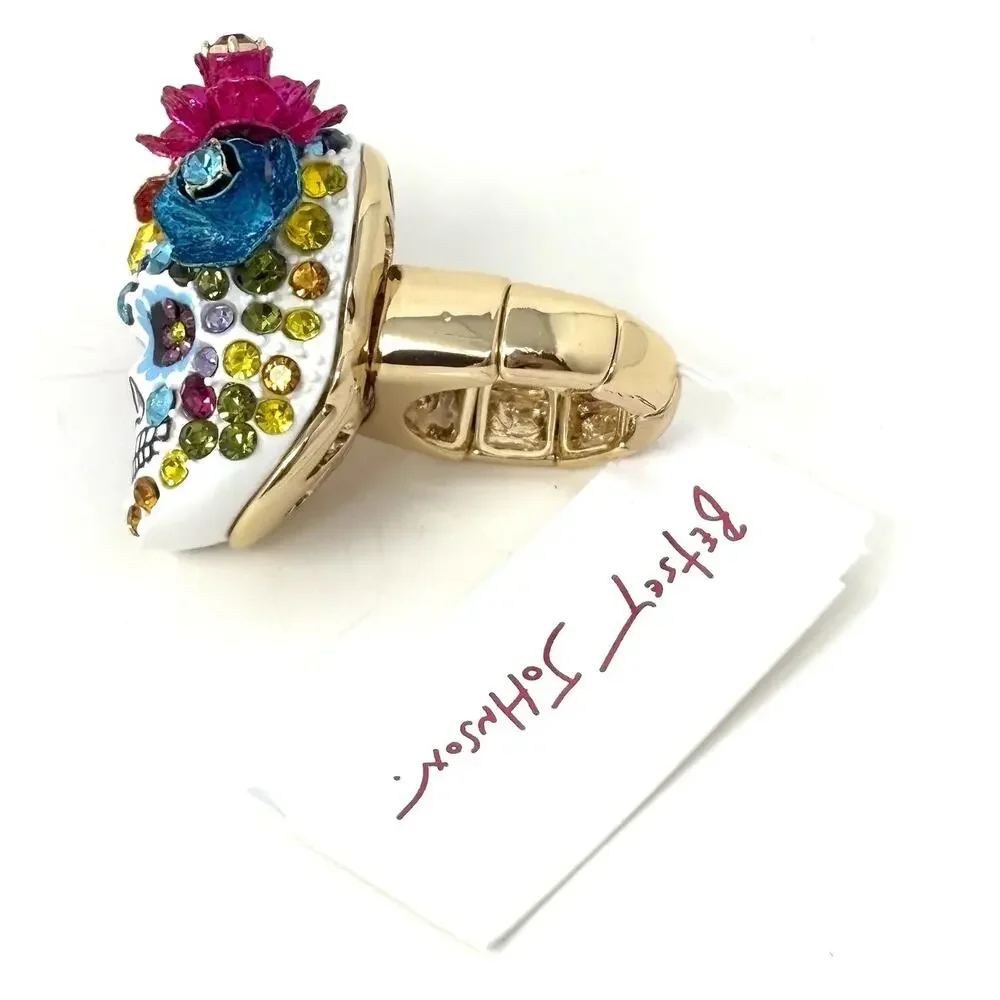 Betsey Johnson Sugar Skull Stretch Ring Day Of The Dead Goth Crystals NO BOX